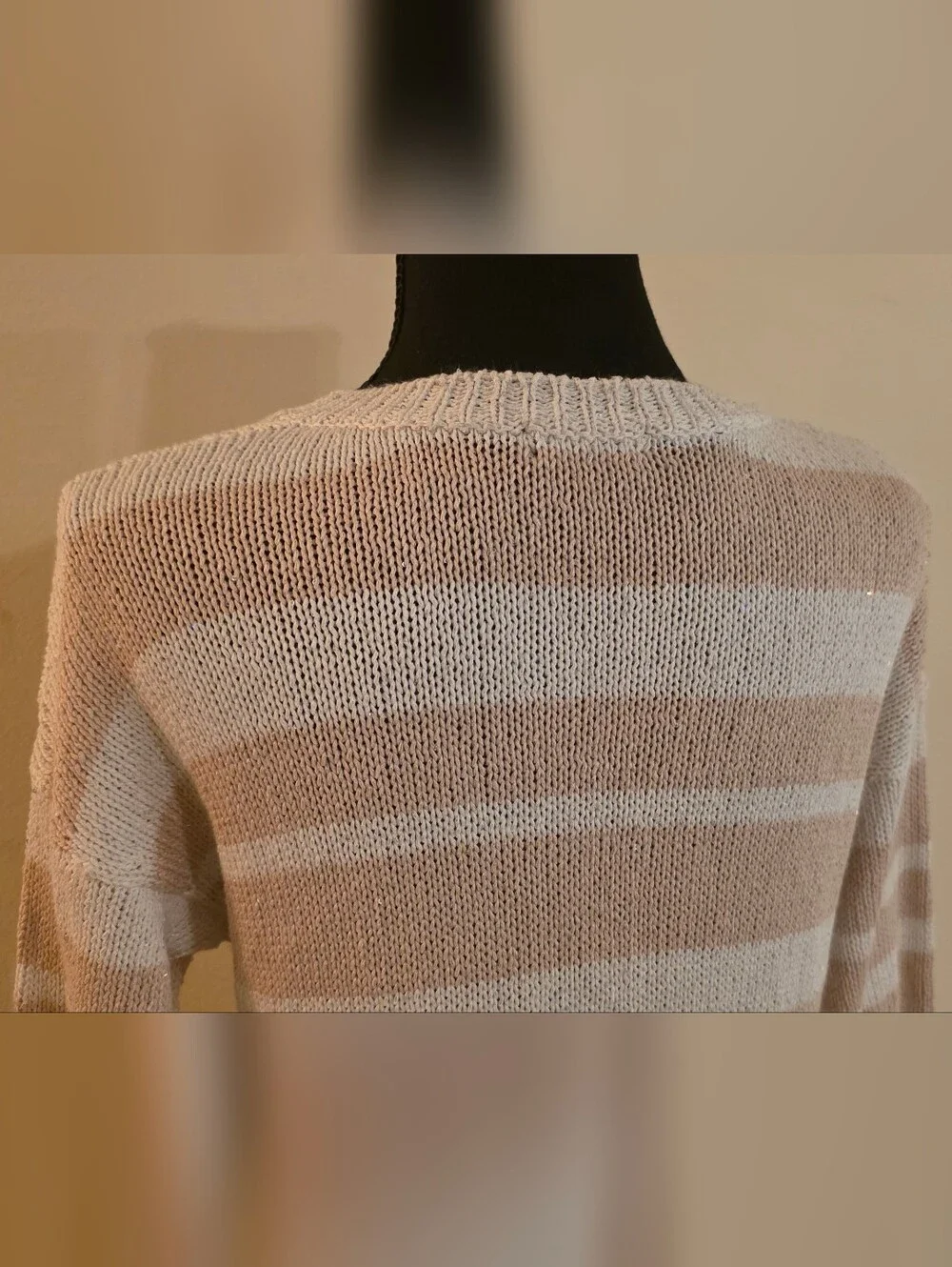 Saks Sparkley Ladies Striped Crewneck Sweater in Tan & White (Med) Viscose Blend